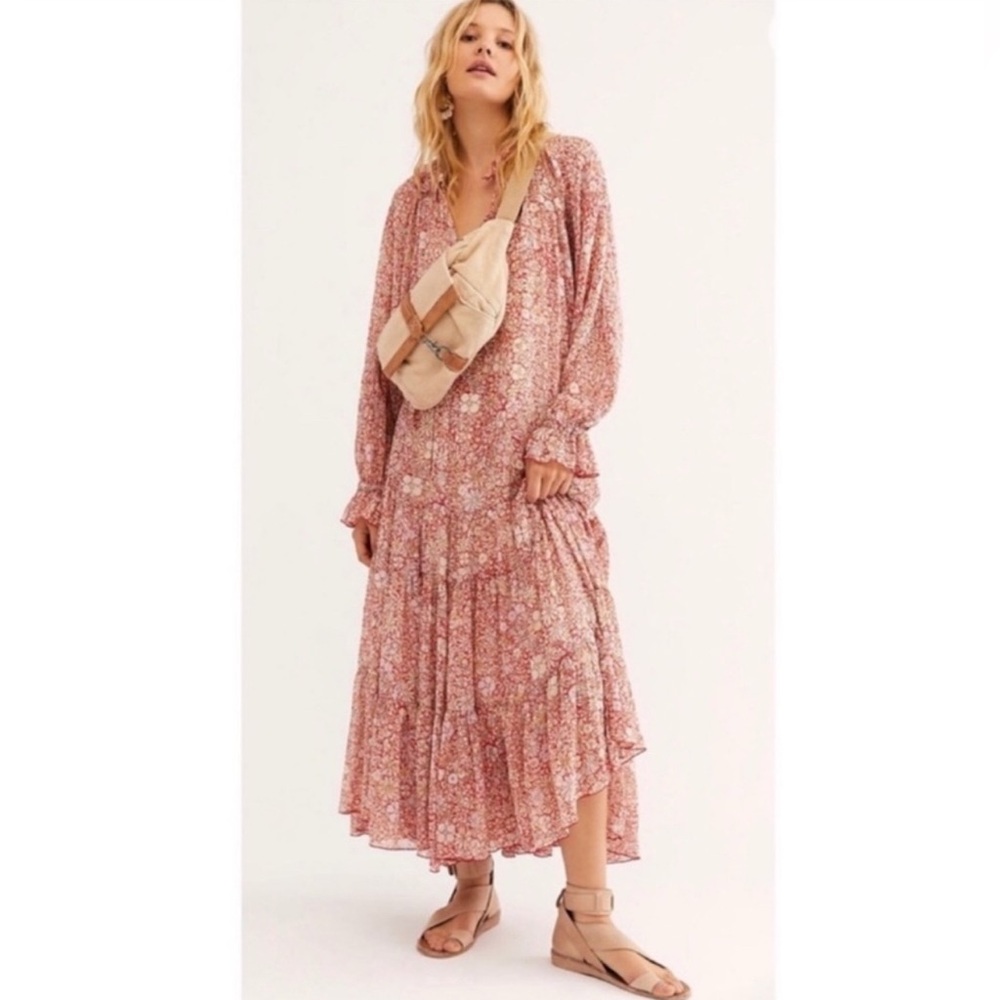 Free People Feeling Groovy Floral Long Sleeve Maxi Dress In Red Combo NWT Size S